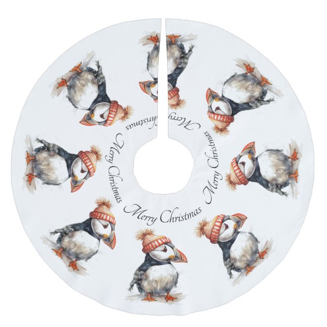 Merry Puffin, custom Brushed Polyester Tree Skirt (Front)