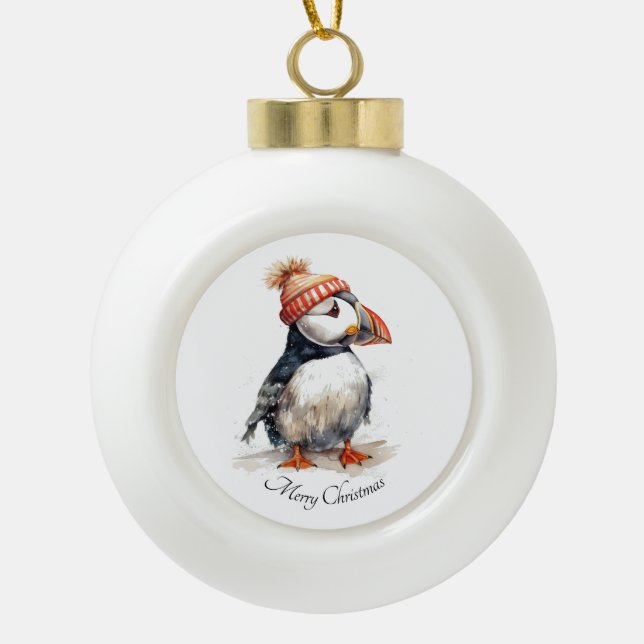 Merry Puffin, custom Ceramic Ball Christmas Ornament (Front)
