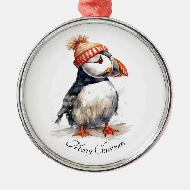 Merry Puffin, custom Metal Tree Decoration (Front)
