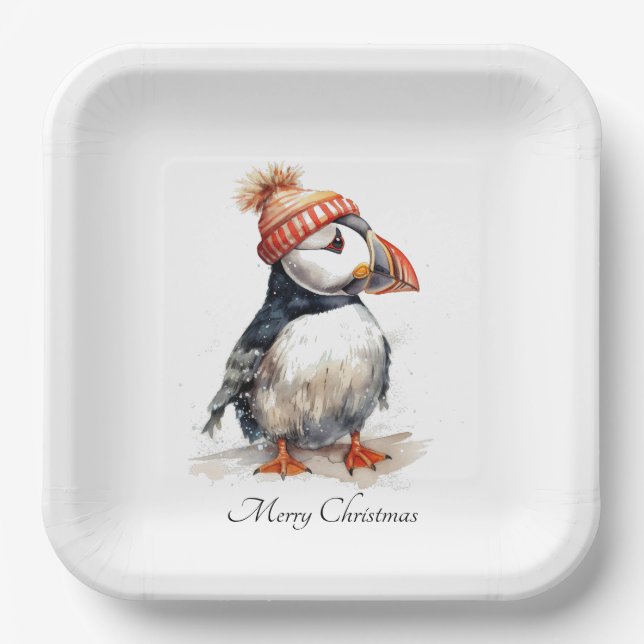 Merry Puffin, custom Paper Plate (Front)