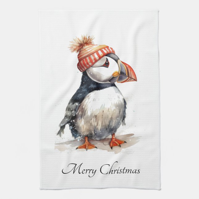 Merry Puffin, custom Tea Towel (Vertical)