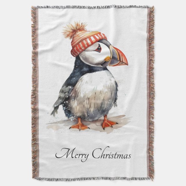 Merry Puffin, custom Throw Blanket (Front Vertical)