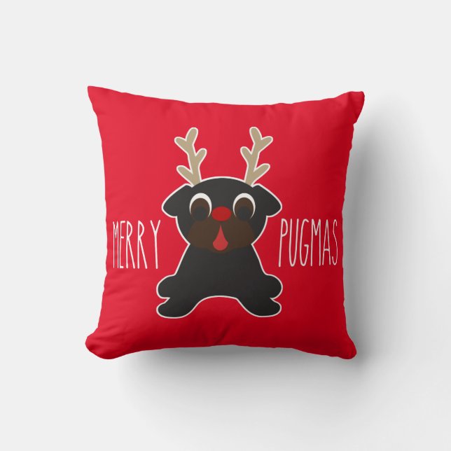 Merry Pugmas Black Pug Reindeer Cushion (Front)