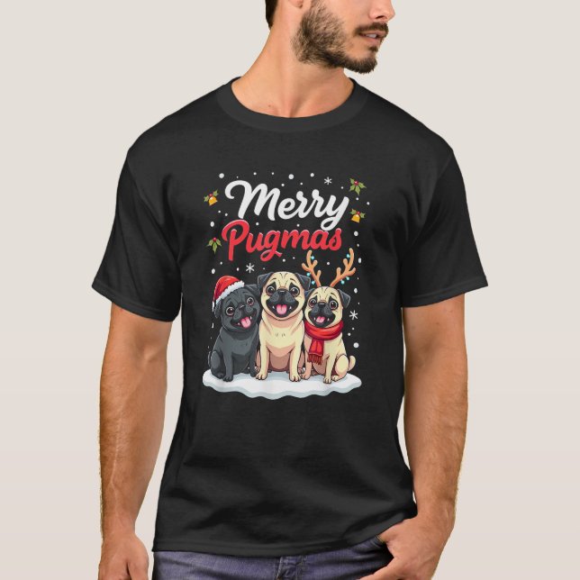 Merry Pugmas Christmas Family Pyjama PJS Dog Funny T-Shirt (Front)