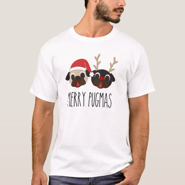 Merry Pugmas Christmas Pug - Santa & Reindeer T-Shirt (Front)