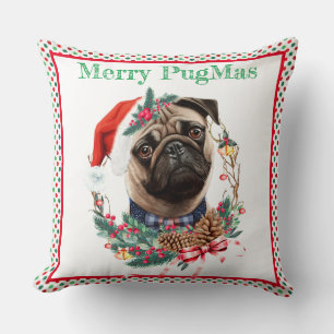 Merry PugMas - Cute Pug Wearing Santa Hat Cushion