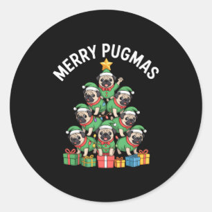 Merry Pugmas Funny Pug Christmas Tree Holiday Long Classic Round Sticker