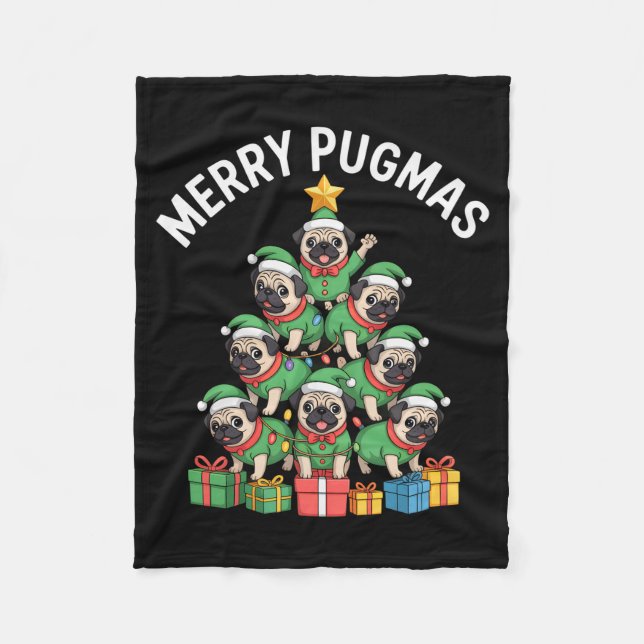 Merry Pugmas Funny Pug Christmas Tree Holiday Long Fleece Blanket (Front)