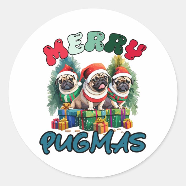 Merry Pugmas  Merry Christmas   Classic Round Sticker (Front)