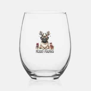 Merry Pugmas Merry Christmas Funny Pug Dog  Stemless Wine Glass