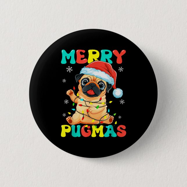 Merry Pugmas Pug Christmas Santa Pug Xmas Lights D 6 Cm Round Badge (Front)