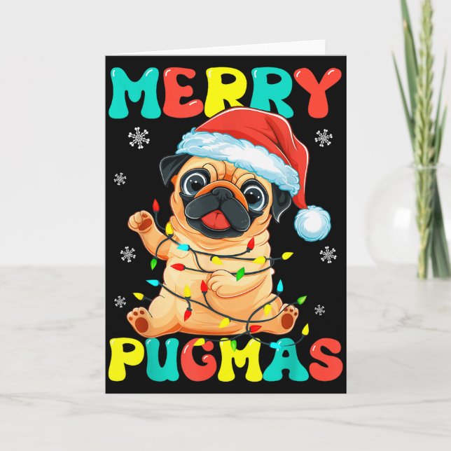 Merry Pugmas Pug Christmas Santa Pug Xmas Lights D Card (Front)