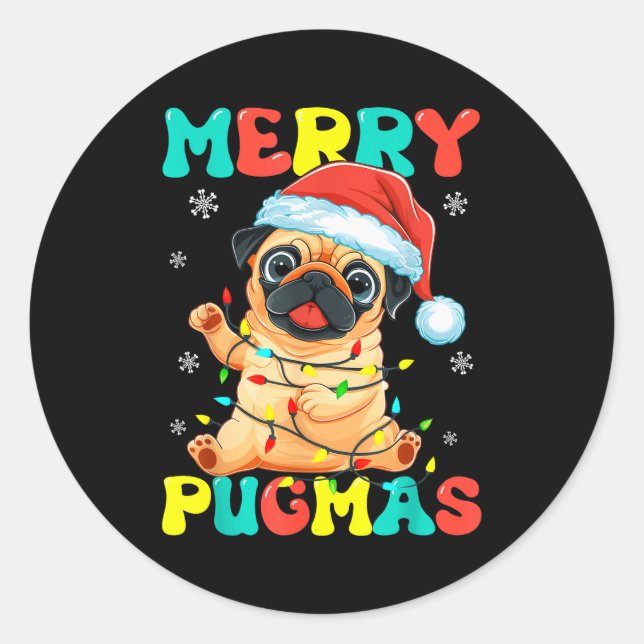 Merry Pugmas Pug Christmas Santa Pug Xmas Lights D Classic Round Sticker (Front)