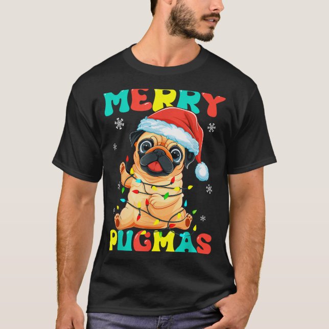 Merry Pugmas Pug Christmas Santa Pug Xmas Lights D T-Shirt (Front)