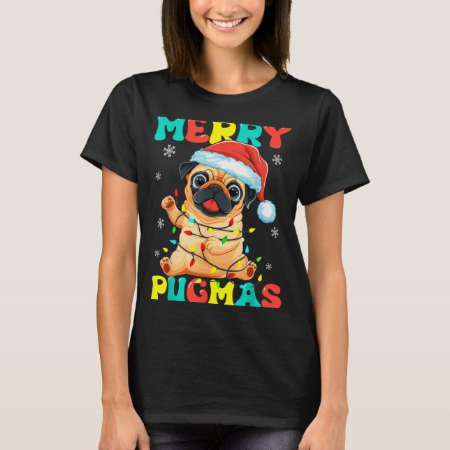 Merry Pugmas Pug Christmas Santa Pug Xmas Lights D T-Shirt (Front)