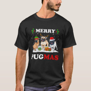 Merry Pugmas Santa Elf Reindeer Pug Dogs Xmas Tree T-Shirt