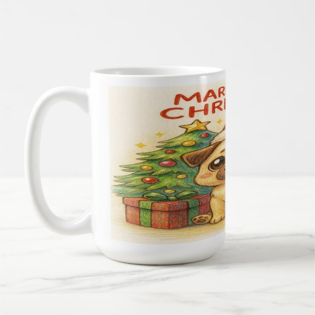 "Merry Pugmas! Santa’s Cutest Helper Is Here!" Coffee Mug (Left)