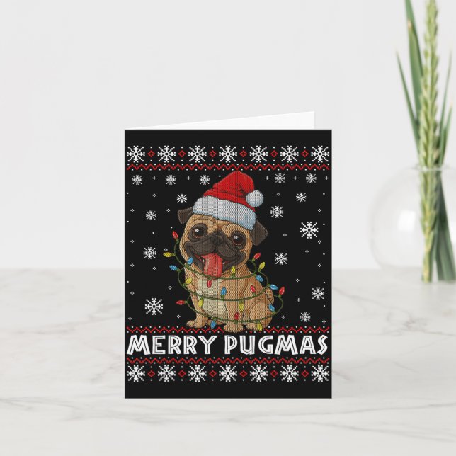 Merry Pugmas Ugly Christmas Sweater Cute Pug Dog  Card (Front)