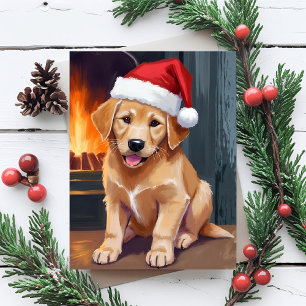 Merry Puppy   Dog Santa Hat Christmas Watercolor Holiday Card