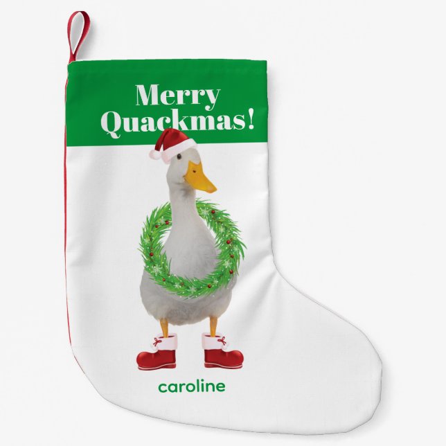 Merry Quackmas White Santa Duck Small Christmas Stocking (Front)