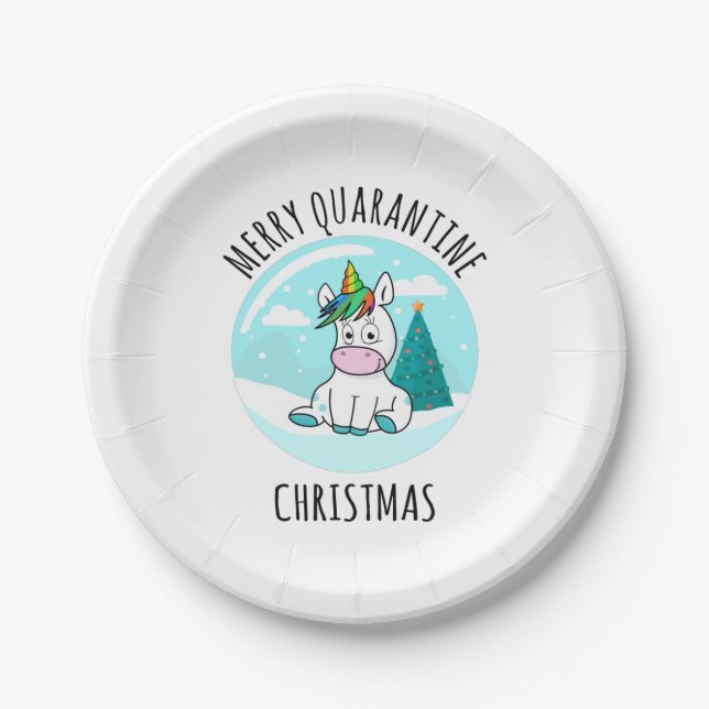 Merry Quarantine Christmas Unicorn Paper Plate (Front)