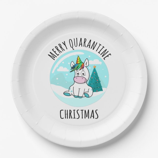Merry Quarantine Christmas Unicorn Paper Plate (Front)