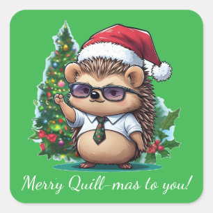 Merry Quill-mas Hedgehog Christmas Greeting Square Sticker