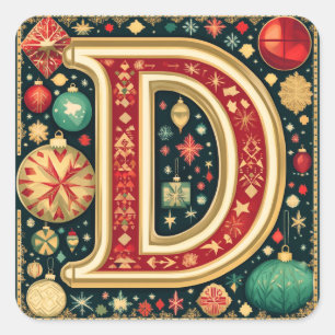Merry Red and Green Letter 'D' Square Sticker