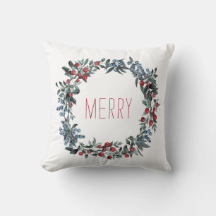 Merry Red Blue Berries watercolor festive wreath Cushion