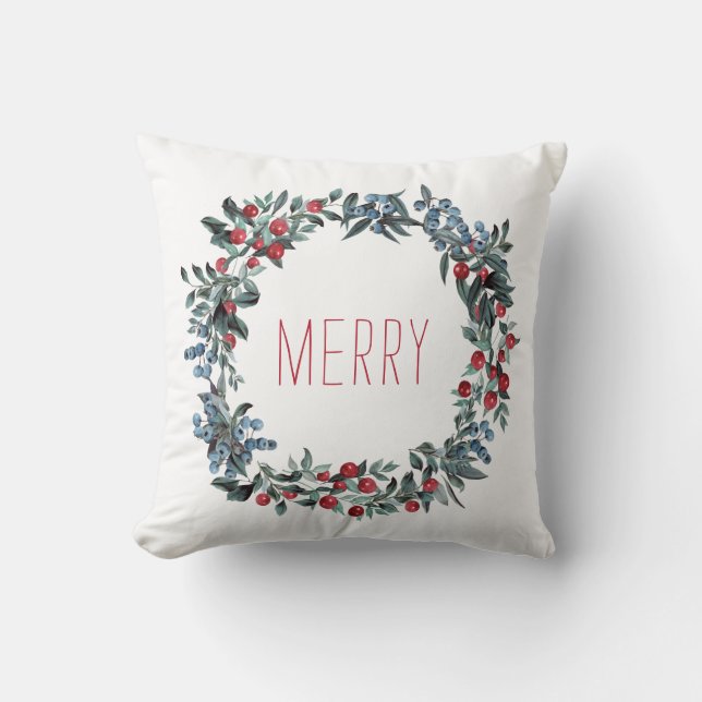 Merry Red Blue Berries watercolor festive wreath Cushion (Front)