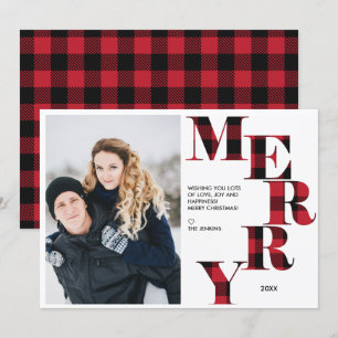 Merry   Red Buffalo Plaid Photo Holiday Invitation