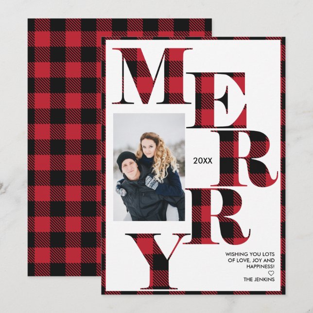 Merry | Red Buffalo Plaid Vertical Photo Holiday Invitation (Front/Back)