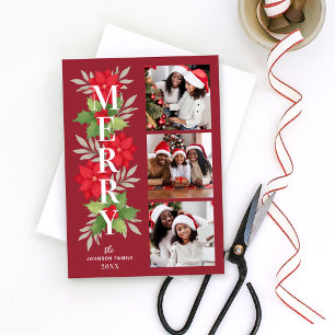 Merry Red Christmas Floral 3 Photo Holiday Card