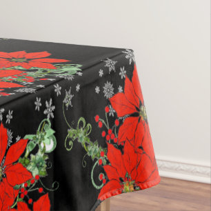 Merry Red Christmas Poinsettia Holiday Black  Tablecloth