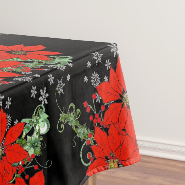 Merry Red Christmas Poinsettia Holiday Black  Tablecloth (In Situ)