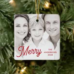 Merry red festive retro font name year photo ceramic ornament