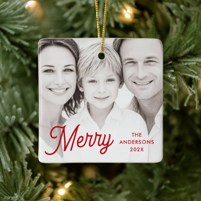 Merry red festive retro font name year photo ceramic ornament (Tree)