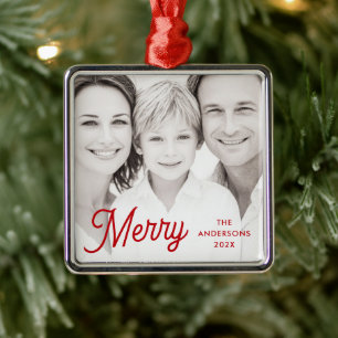 Merry red festive retro font name year photo metal tree decoration