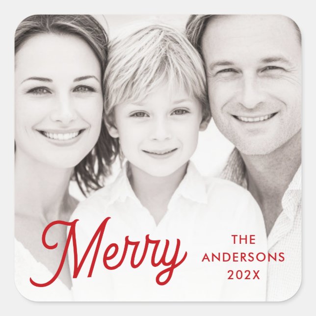 Merry red festive retro font name year photo square sticker (Front)