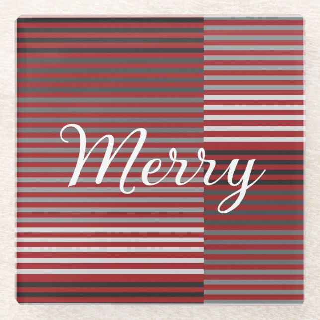 Merry -Red, Gray, Black, White Stripes Glass Coaster (Front)