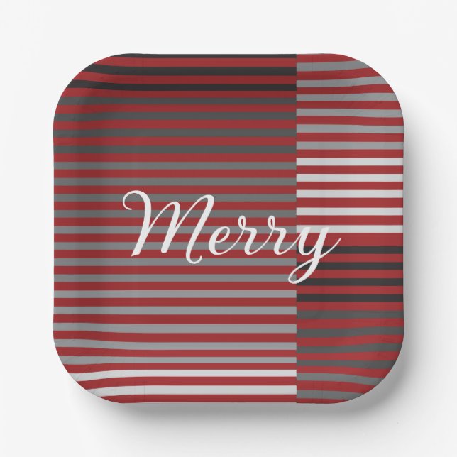 Merry -Red, Gray, Black, White Stripes Paper Plate (Front)