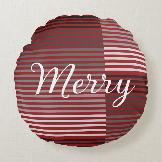 Merry -Red, Gray, Black, White Stripes Round Cushion (Front)