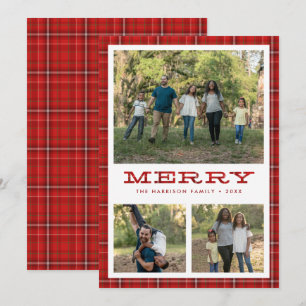 Merry Red Plaid Three Photo Christmas Holiday Card