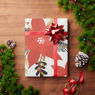 Merry Red Poinsettia Christmas Floral Gift Wrapping Paper