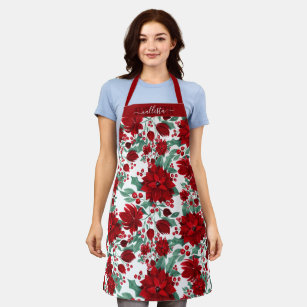 Merry Red Poinsettia Flowers Ivy Leaves Watercolor Apron