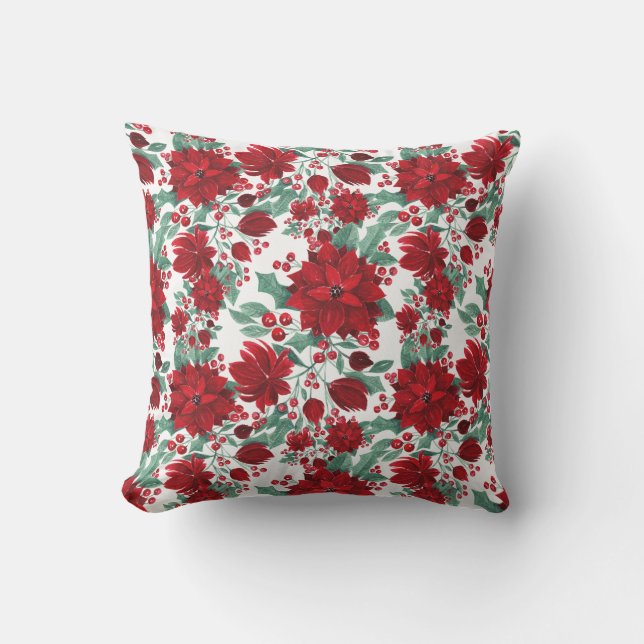 Merry Red Poinsettia Flowers Ivy Leaves Watercolor Cushion (Front)