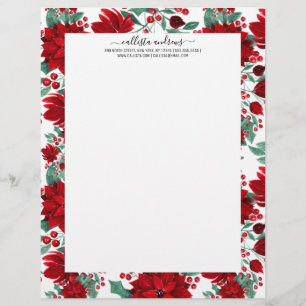 Merry Red Poinsettia Flowers Ivy Leaves Watercolor Custom Letterhead