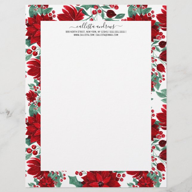 Merry Red Poinsettia Flowers Ivy Leaves Watercolor Custom Letterhead (Front)