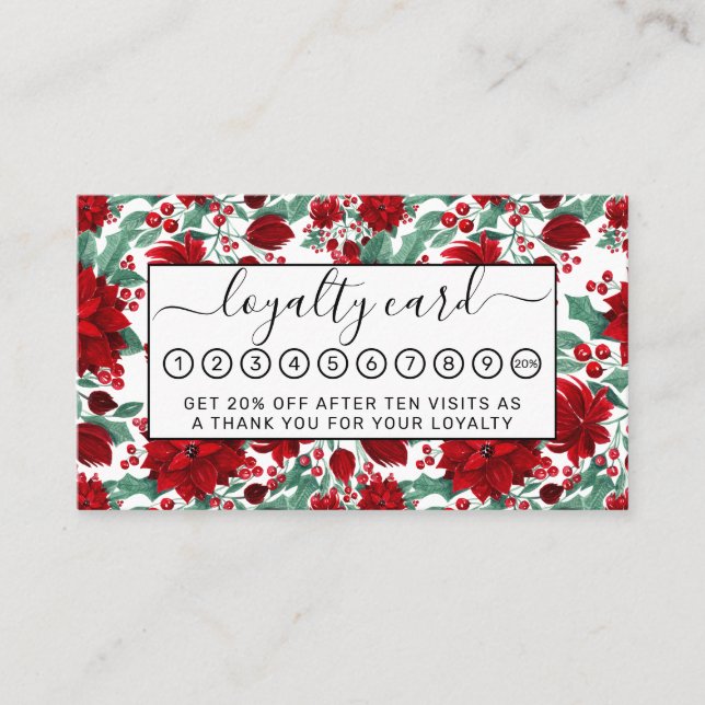 Merry Red Poinsettia Flowers Ivy Leaves Watercolor Loyalty Card (Front)