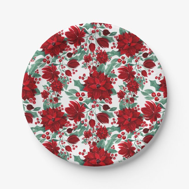Merry Red Poinsettia Flowers Ivy Leaves Watercolor Paper Plate (Front)